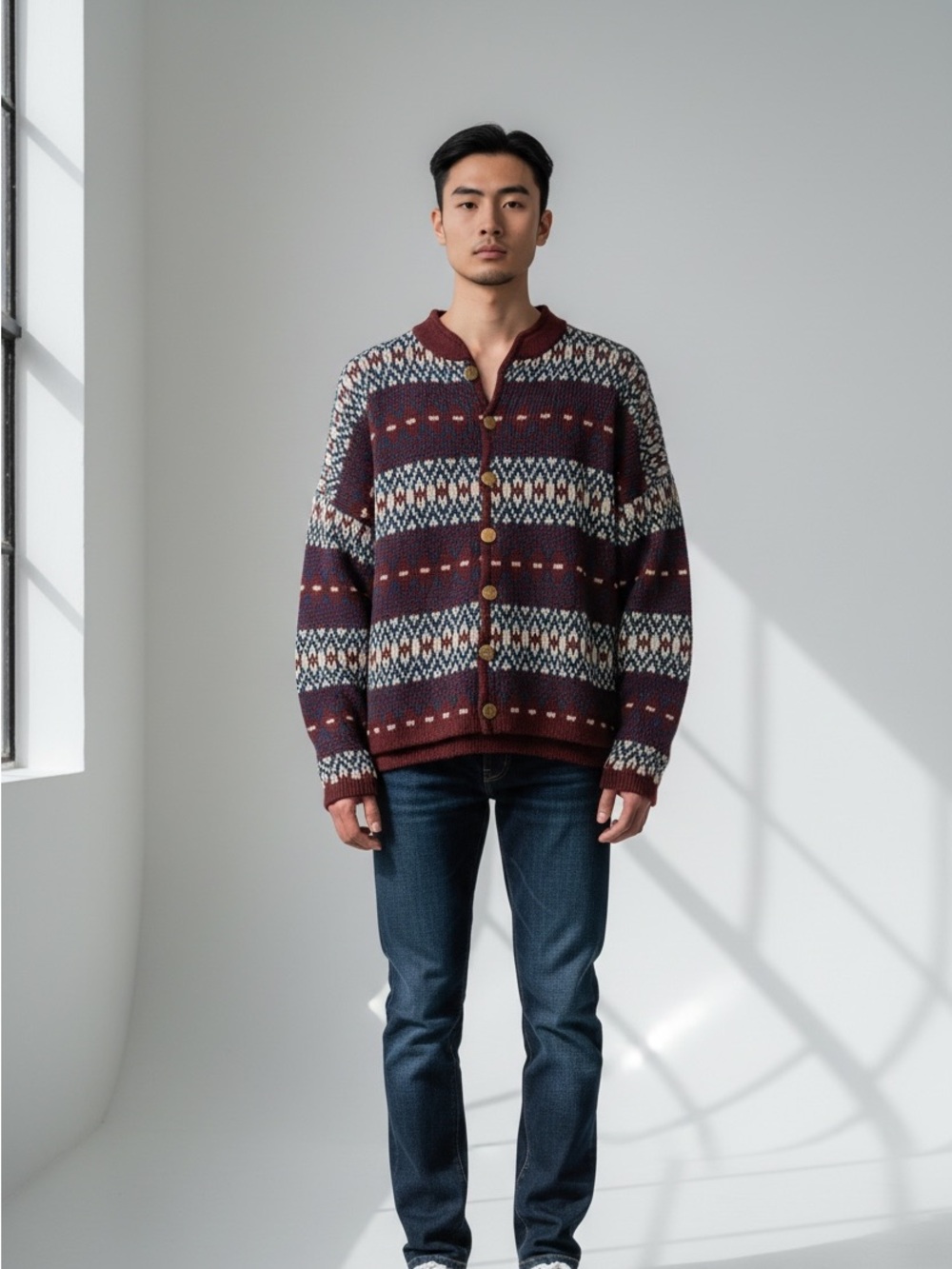 Jantzen Maroon Fair Isle Button-Up Cardigan with Navy and Cream